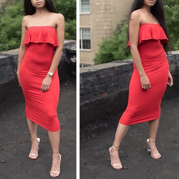 Red ruffle tube dress - Picture 3 of 7